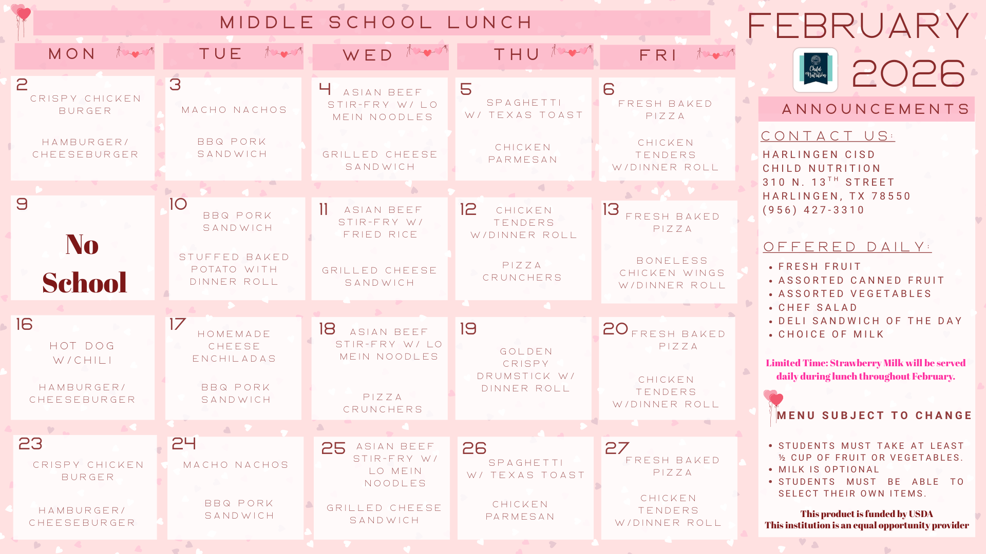 Middle School Updated Menu 12/9/25